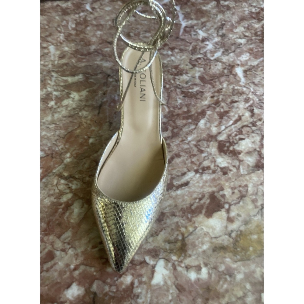 A. SOLIANI ITALIAN GOLD SNAKE-PRINT POINTED TOE LACE UP HEELS SIZE 39/US 9, $350